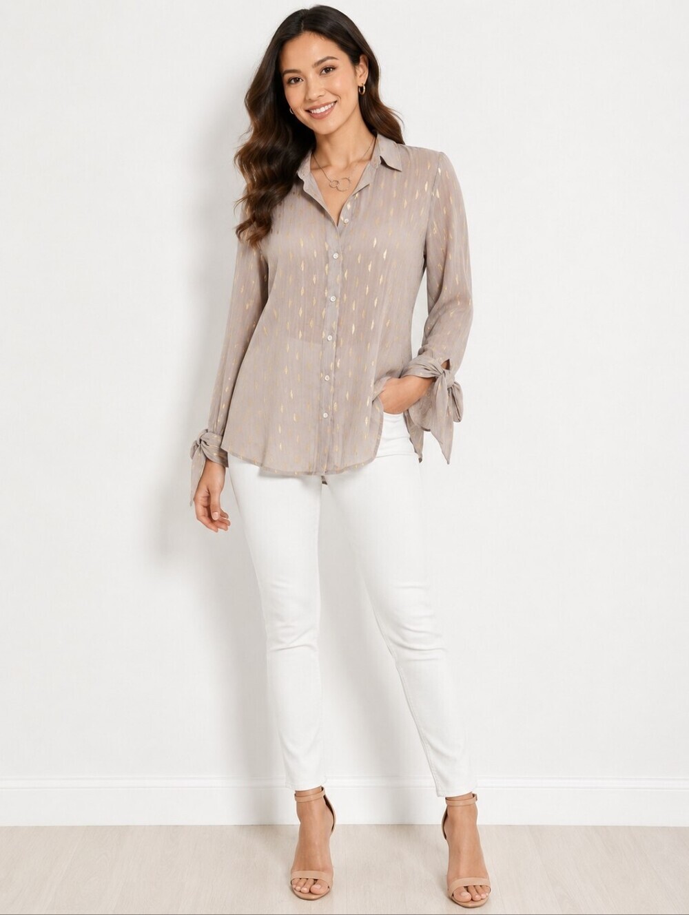 Banana Republic Taupe Blouse with Gold Dot Detail